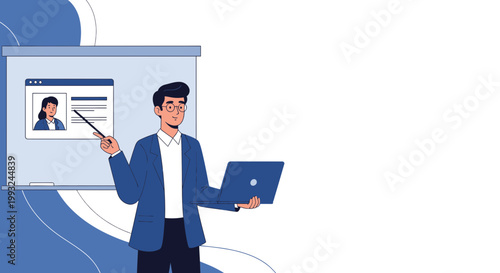 Man presenting online course on laptop, pointing at screen with presentation