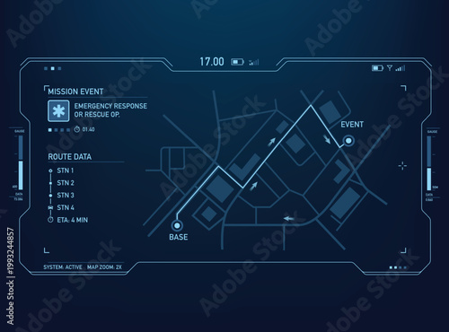 Futuristic HUD interface featuring a blue tactical map with route navigation, mission data, and emergency response icons