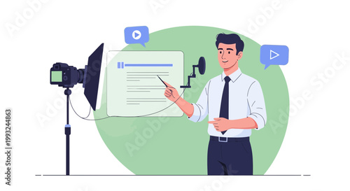 Man Presenting Online Course with Camera and Microphone, Digital Education