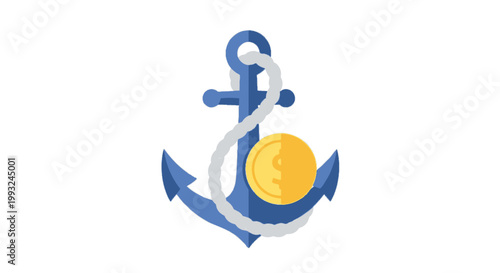  nautical anchor with rope and gold coin symbolizing stability and security