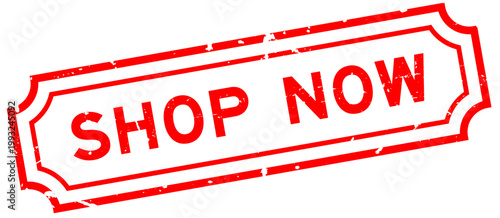 Grunge red shop now word rubber seal stamp on white background