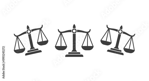 Vector graphic illustration featuring three different balance scales showing equilibrium and tilt for legal concepts.