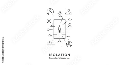 Isolation, loneliness, social distancing, line icons, vector graphics