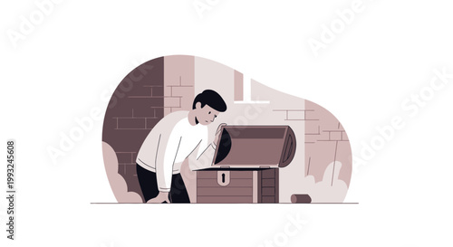 Young Man Opening Treasure Chest in Modern Setting