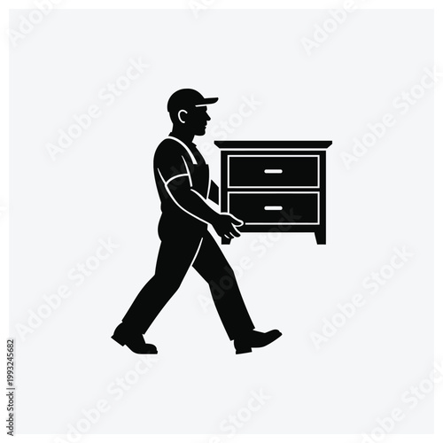 Silhouette of a man carrying a dresser or chest of drawers, representing moving services or household labor.