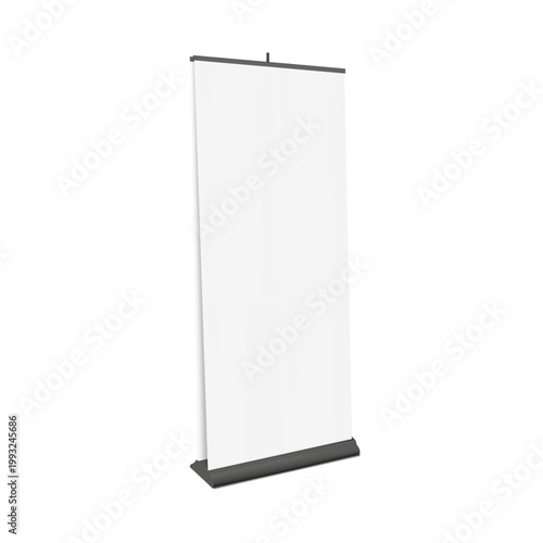 Blank white double-sided roll-up retractable banner stand. Realistic vector mockup. Pull-up roller standee. 3d mock-up. Kakemono rollup advertising display. Easy editable template for design