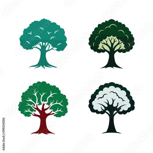 Set of four trees with different colors and styles  green  brown  black  white