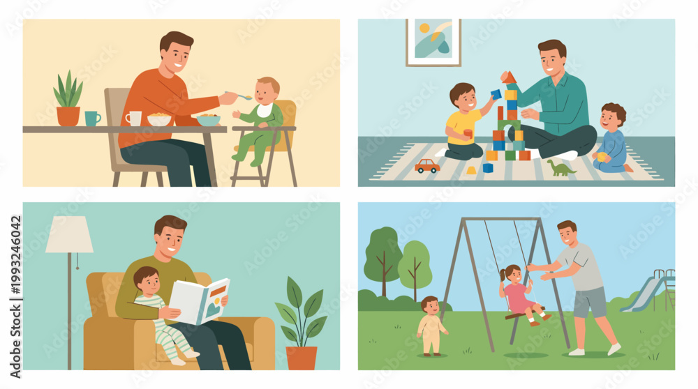 Fototapeta premium Father and children engaging in various activities together, illustrating family bonding and parental care.