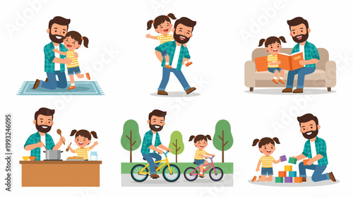 Father and daughter bonding in various activities, illustrating paternal love and care.