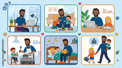 Fatherhood moments with a single dad raising children, balancing work and family life.