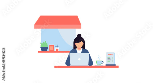 Woman Working on Laptop at Coffee Shop Counter