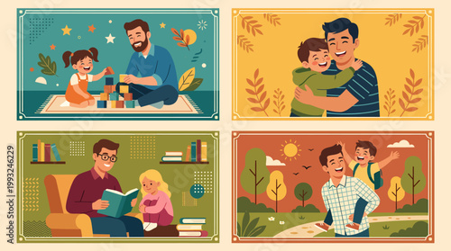 Four heartwarming illustrations depicting fathers spending quality time with their children, showcasing various activities and tender moments of connection and