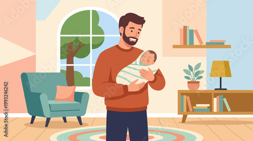 Happy father holding his newborn baby with love and care.