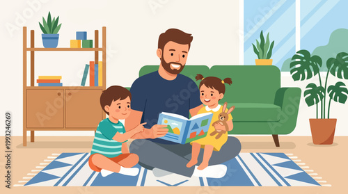 Happy father reading storybook to his two young children.