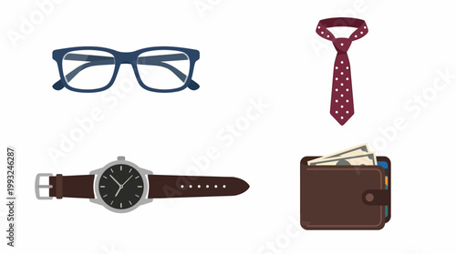 Mens accessories including glasses, tie, watch, and wallet.