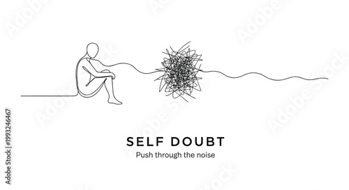 Minimalist line art illustration, self-doubt concept, motivational quote, mental health theme, vector graphics