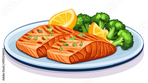 A healthy meal featuring salmon, lemon, and broccoli served on a plate