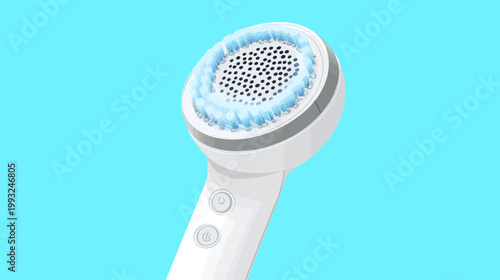 A close-up illustration of a white facial cleansing brush, with blue bristles on a light blue background