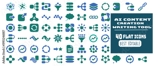 Collection of forty modern flat icons for AI content creation writing tool