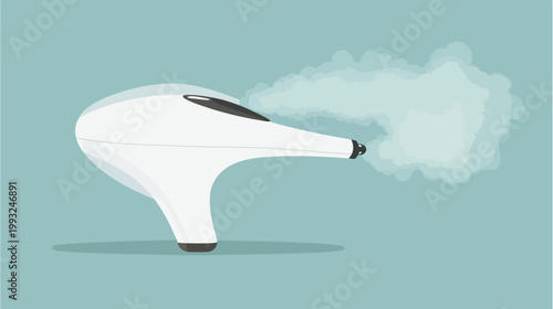 A white, modern, abstract device emitting stylized vapor on a pale blue background