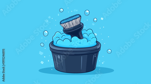 A cartoon illustration of a black tub filled with blue soapy water and a brush. Bubbles float around