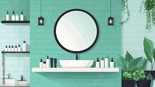 A modern bathroom interior with a round mirror, sink, shelves, toiletries, and potted plants