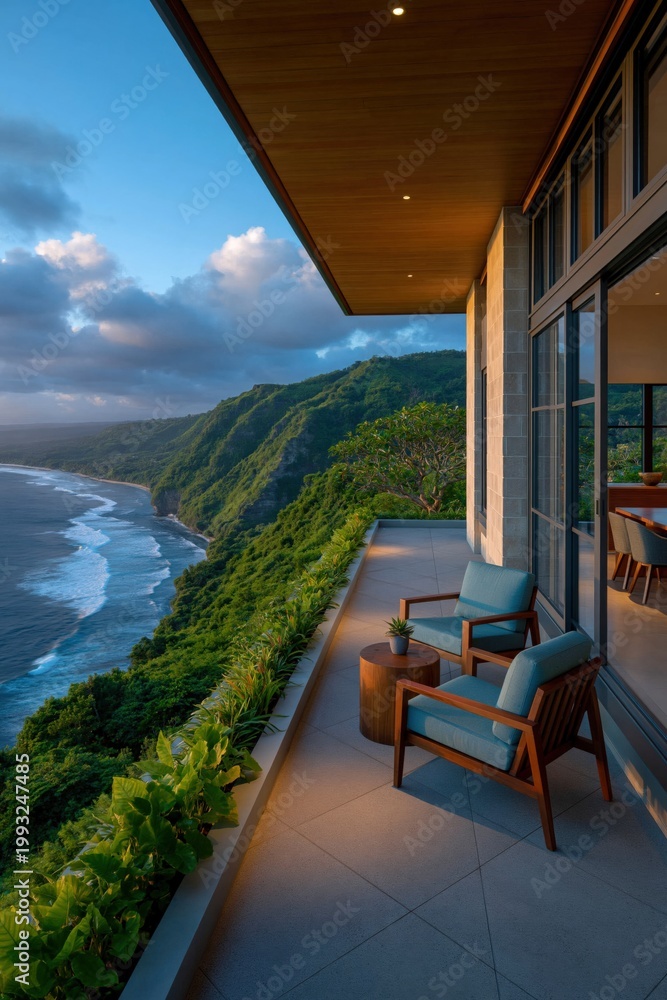 Naklejka premium Balcony seating overlooking ocean cliffs at sunset terrace