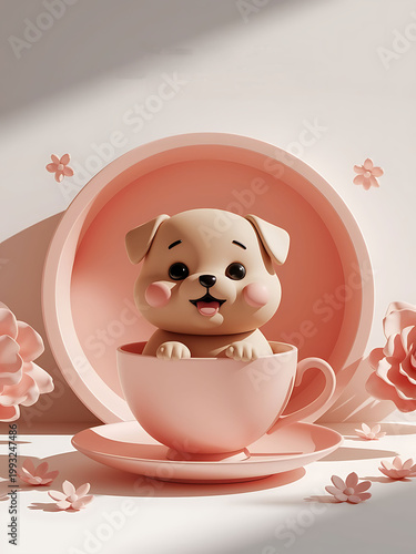 Cute 3D Puppy in Coffee Cup, Minimal Clay Render Pastel Aesthetic pastel pink background