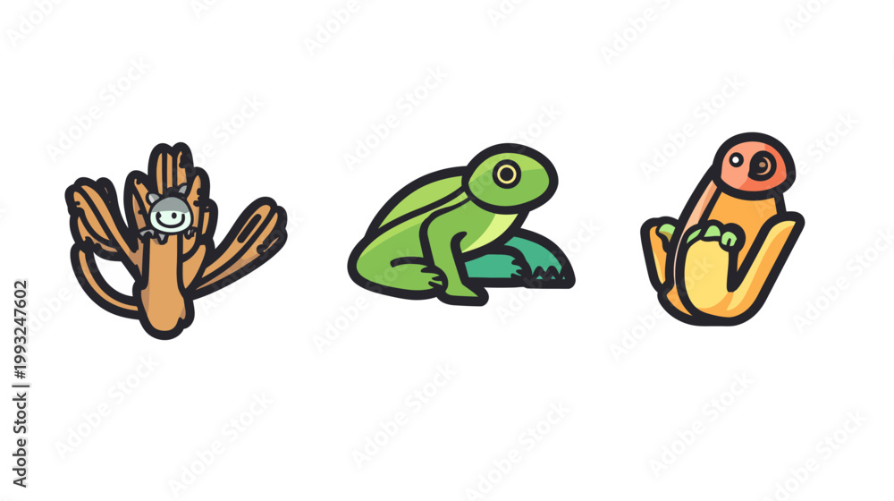 Fototapeta premium Colorful cartoon illustrations of three creatures a bug with arms, a frog, and a mythical being