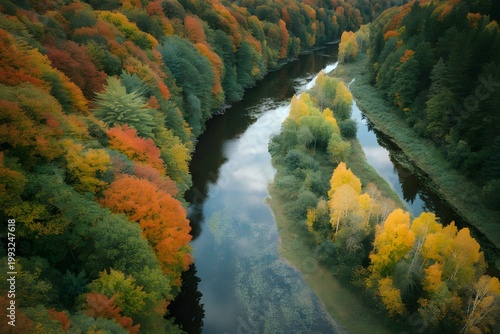 Aerial View of Winding River Through Colorful Autumn Forest with Red Orange Yellow Foliage Landscape
