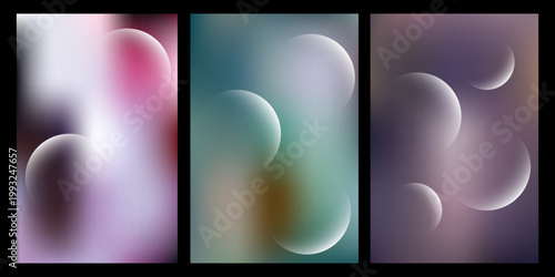 Dark abstract gradient poster covers with transparent glass circles