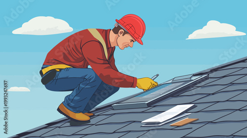 A construction worker, wearing a hard hat, installs or repairs something on a house roof