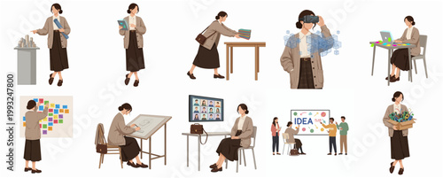 Handdrawn Textured Flat Illustration Set of Woman Character Performing Modern Business and Creative Office Activities