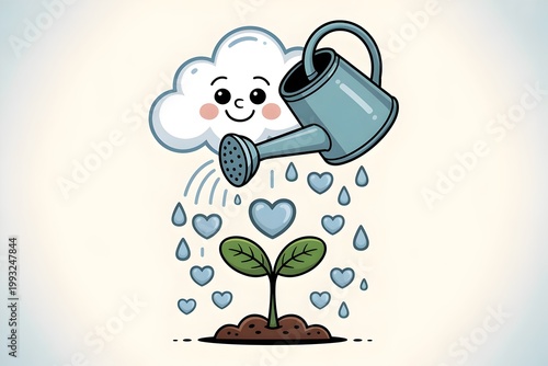Cute Smiling Cloud Watering Can Pouring Hearts and Water Drops on Green Seedling Plant Growth Cartoon
