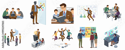 Flat Illustration Set of Business Teamwork Collaboration Meeting Planning and Project Management Concept Collection