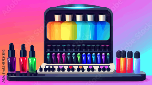 A stylized illustration features a vibrant gradient background and an array of colorful bottles arranged