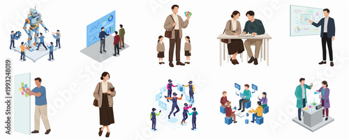 Modern Flat Design Isometric Business Technology Innovation Teamwork Collaboration Science Finance Digital Transformation Illustration Set