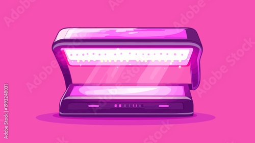 Pixelated artwork depicts a pink tanning device with illuminated bulbs on a solid pink backdrop