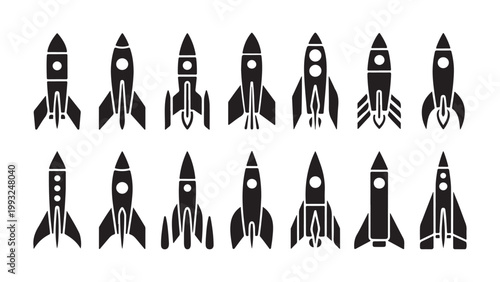 Collection of retro and modern rocket ship icons symbols and illustrations.