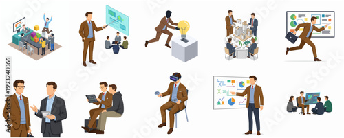 Isometric Flat Business Teamwork Meeting Presentation Idea Innovation Data Analysis Professional People Activity Illustration Collection