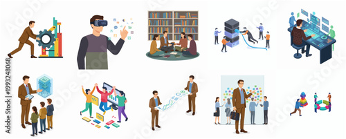 Collection of Isometric Flat Business People Working on Data, Innovation, and Teamwork Concepts Illustration