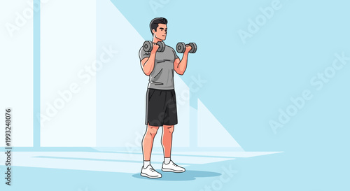 Fitness, workout, exercise, illustration, vector graphics, healthy lifestyle, man with dumbbells