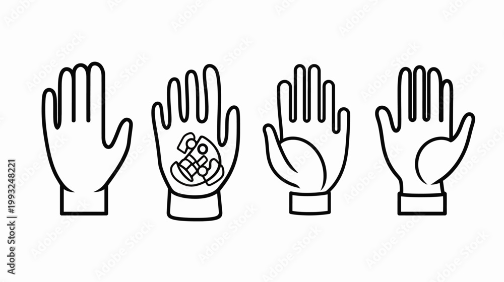 Fototapeta premium Four stylized black-and-white hands with open palms, some containing objects