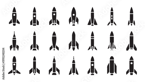 Rocket ship silhouettes collection with various designs of spacecraft and ballistic missile shapes.