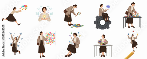 Modern Flat Illustration Business Woman Creative Professional Working and Problem Solving Concept Set