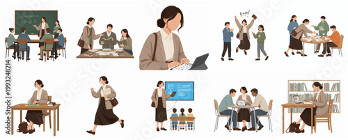 Modern Flat Design Characters Illustration Set Depicting Diverse People in Education, Office Work, and Daily Life Scenarios