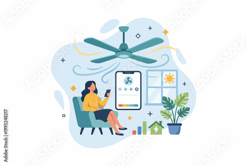 Woman Controlling Smart Ceiling Fan with Mobile Phone App