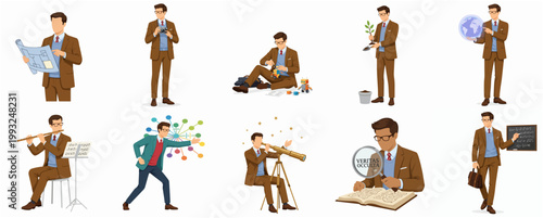 Flat Illustration Character Set of Smart Professional Man Demonstrating Diverse Educational and Leisure Activities