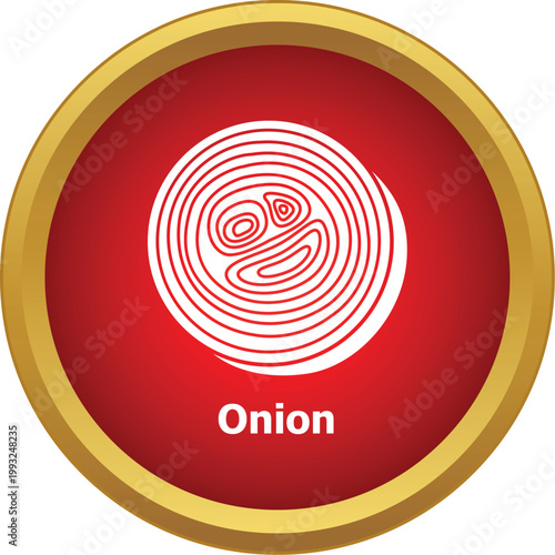 Round white onion icon on a red and gold button representing food for cooking