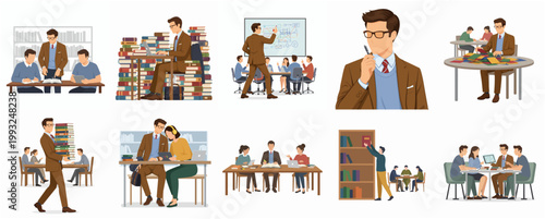 Modern Flat Design Illustration Set Featuring Education, Learning, Study, and Knowledge Concepts with Professor and Students Characters
